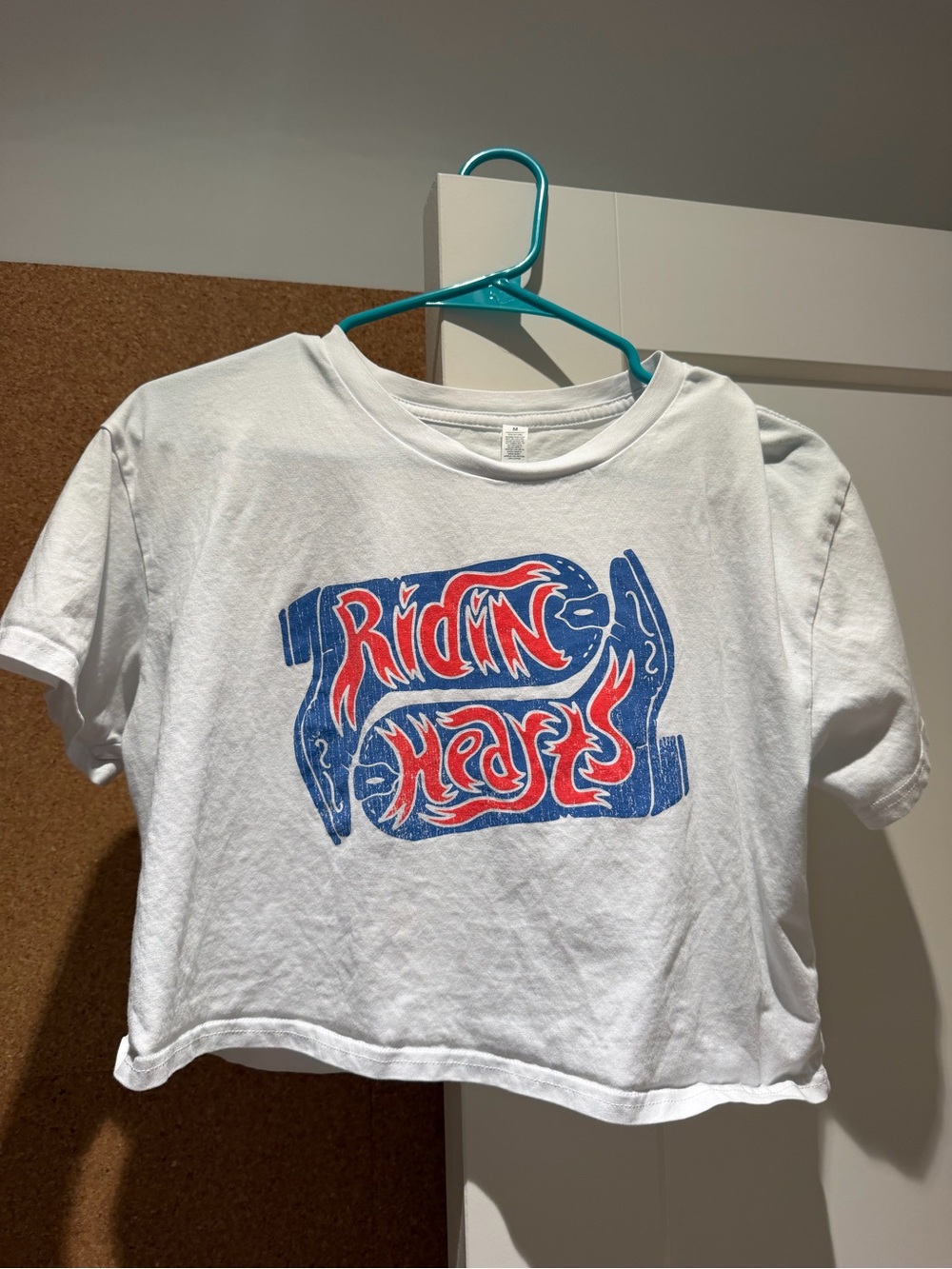 White Crop Tee with Blue & Red Graphic